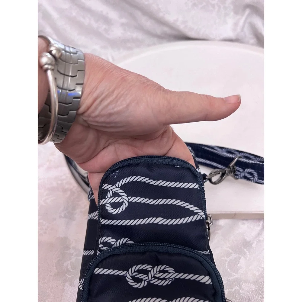 Lug Water Bottle Holder Crossbody Bag Navy Blue Nautical Rope Print Pockets